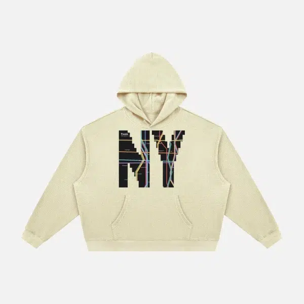 Toxic NYC Subway Map Waffle Boxy Hoodie in Apricot, front view
