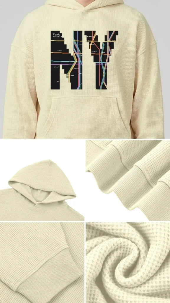 Toxic NYC Subway Map Waffle Boxy Hoodie details: exact print close-up, fabric and stitching