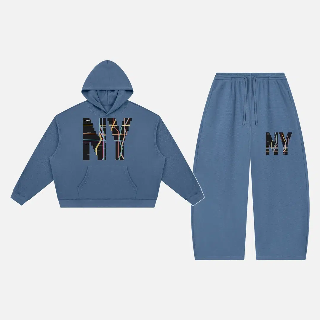 Toxic NYC Subway Map Waffle Hoodie & Barrel Leg Pants Set Jeans Blue Toxic NYC Subway Map Waffle Hoodie & Barrel Leg Pants Set in Jeans Blue, hoodie and pants flat lay