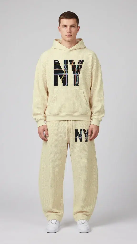 Man wearing the Toxic NYC Subway Map Waffle Boxy Hoodie and the matching Subway Map Waffle Barrel Leg Pants
