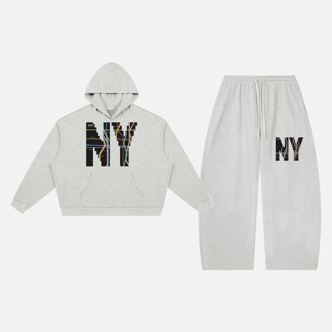 Toxic NYC Subway Map Waffle Hoodie & Barrel Leg Pants Set Oat Gray Toxic NYC Subway Map Waffle Hoodie & Barrel Leg Pants Set in Oat Gray, hoodie and pants flat lay