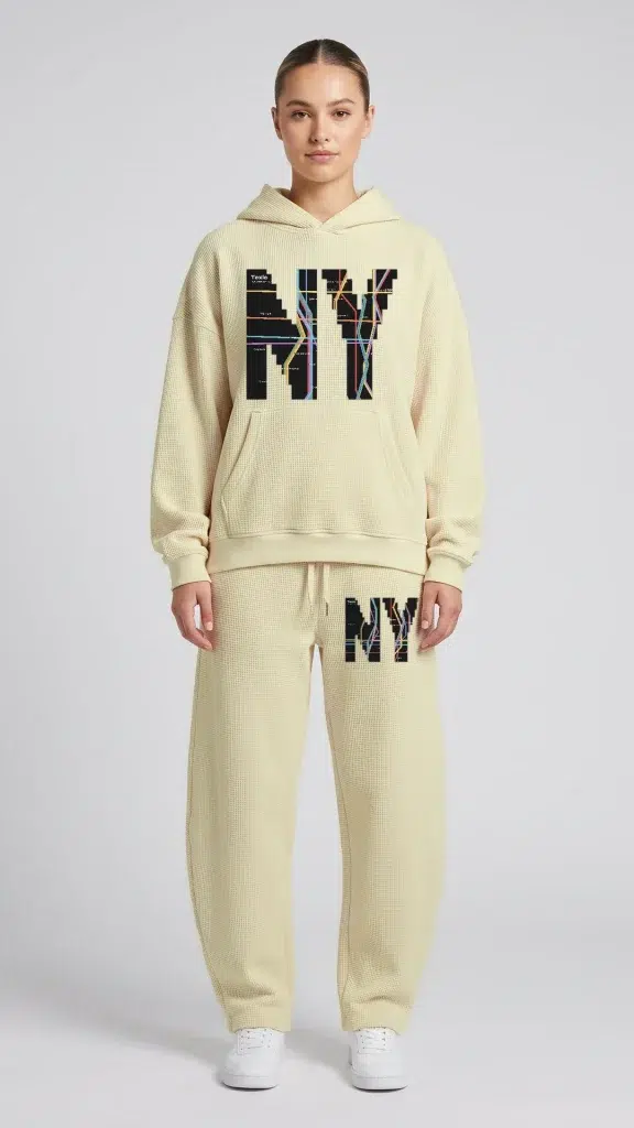 Woman wearing the Toxic NYC Subway Map Waffle Boxy Hoodie and the matching Subway Map Waffle Barrel Leg Pants