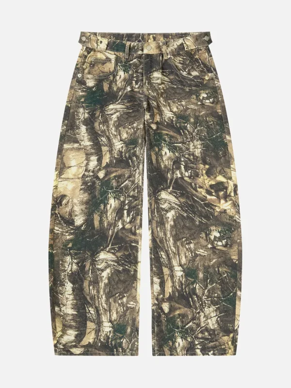 Toxic NYC tree camo barrel leg pants, front view