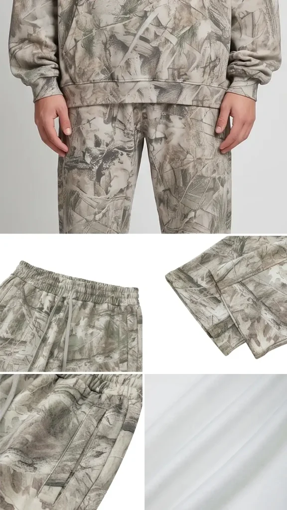 Toxic NYC Tree Camo Fleece Sweatpants details: exact print close-up, fabric and stitching