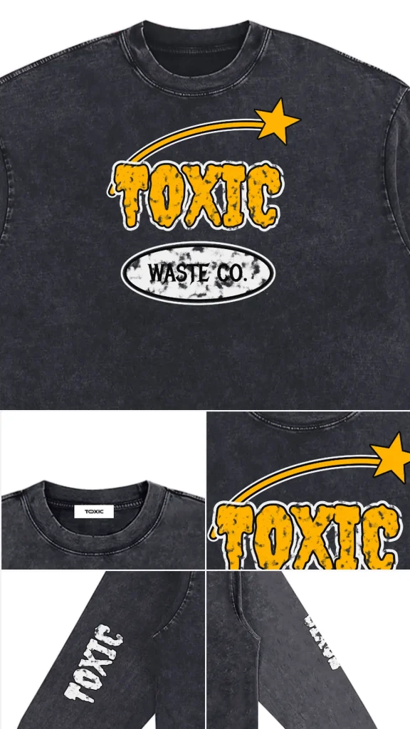Print, sleeve print and TOXIC neck label details of the Toxic NYC Waste Co. Snow Washed Long Sleeve T-Shirt