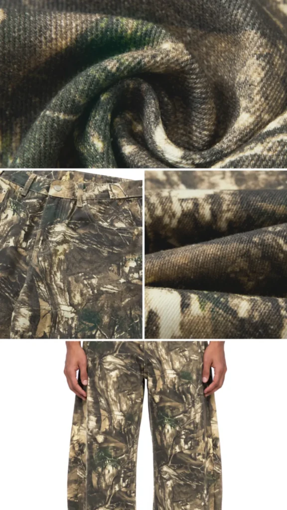 Tree camo barrel pants details: fabric, waistband and fit
