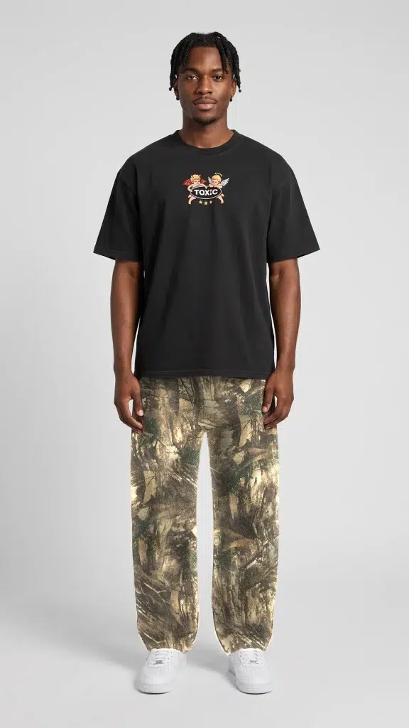 Full length view of man in Toxic NYC tree camo barrel leg pants